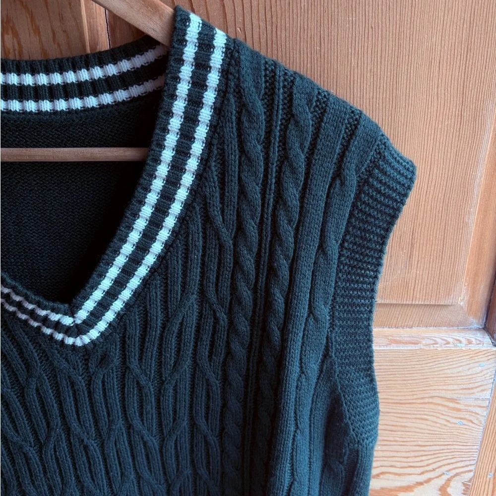 Green Cable-Knit V-Neck Sweater Vest | - Picture 2 of 5